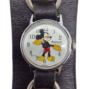 1968 Ingersoll - Timex Disney Mickey Mouse Silver Watch Leather Strap Works Rare